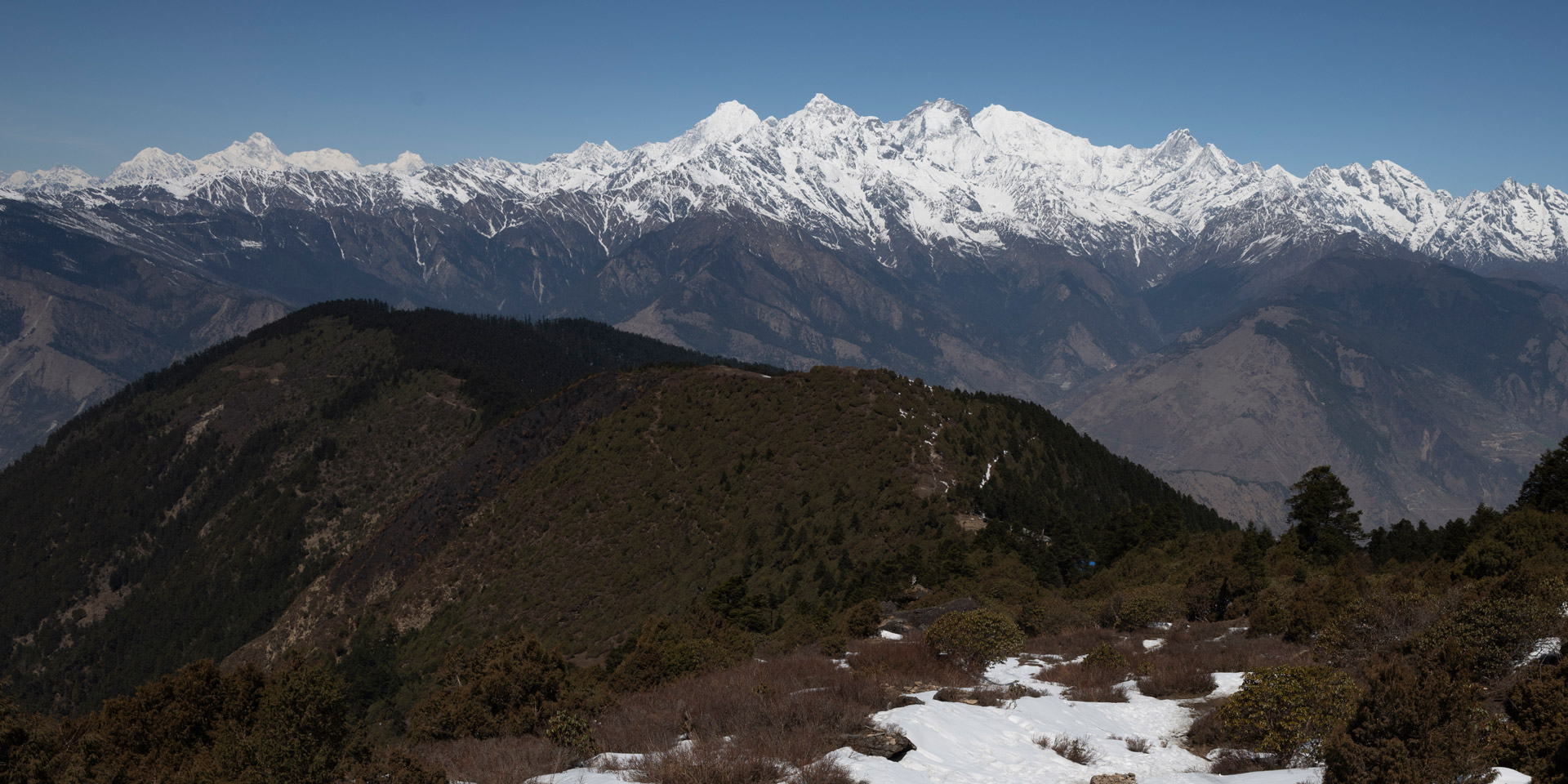 View of Manaslu and Ganesh himal from near Cholangpati on the Gosainkunda trek in Nepal