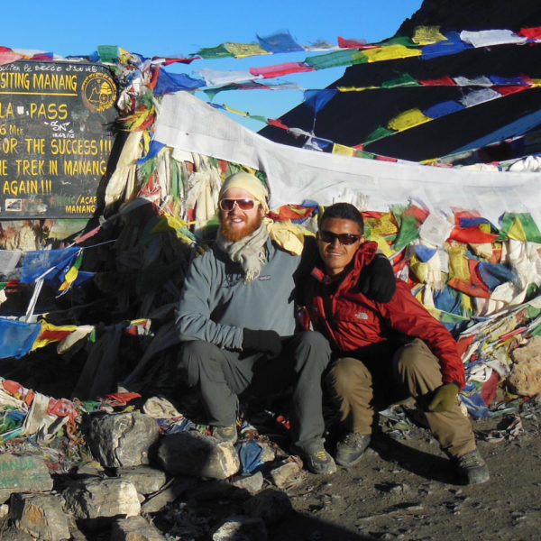 top of the Thorung La pass on the Annapurna Circuit trek