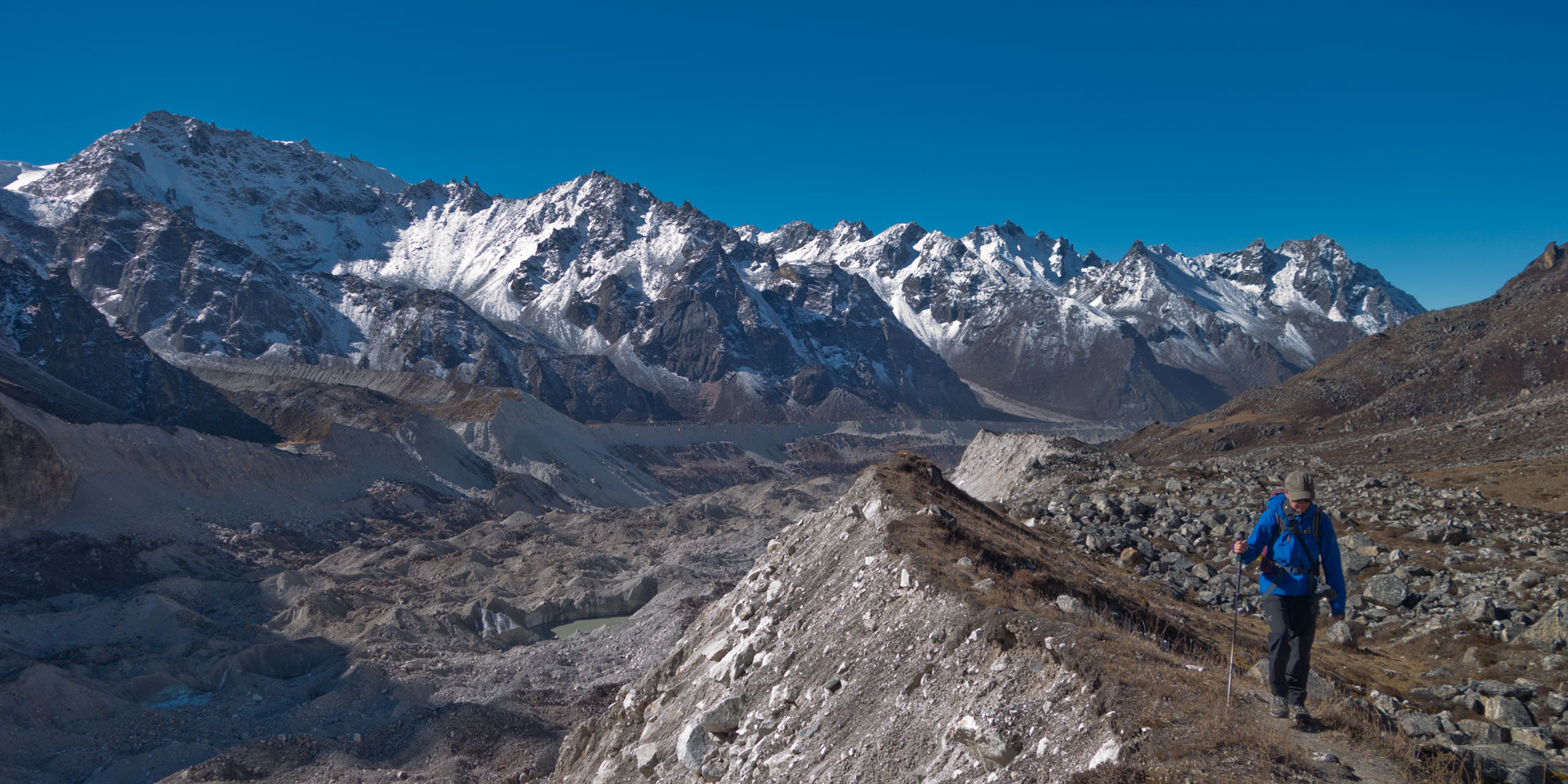 Trekker walking towards Oktang along the Yalung glacier on the Kanchenjunga South BC trek in Nepal