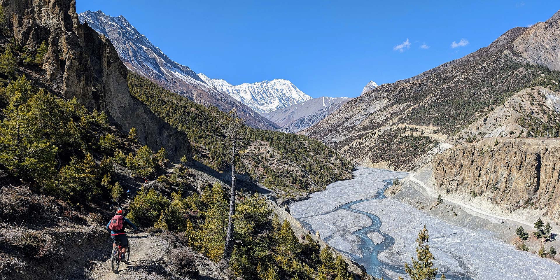Riding towards Khangsar on the trail to Tilicho lake on the Annapurna circuit in Nepal